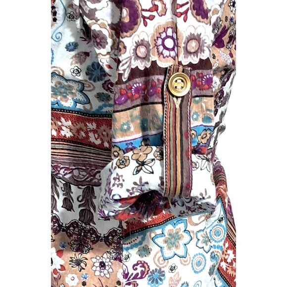 Crown of Hearts Shirt Womens Size S Top Boho Patchwork Button Down Collared Adj - Picture 8 of 16